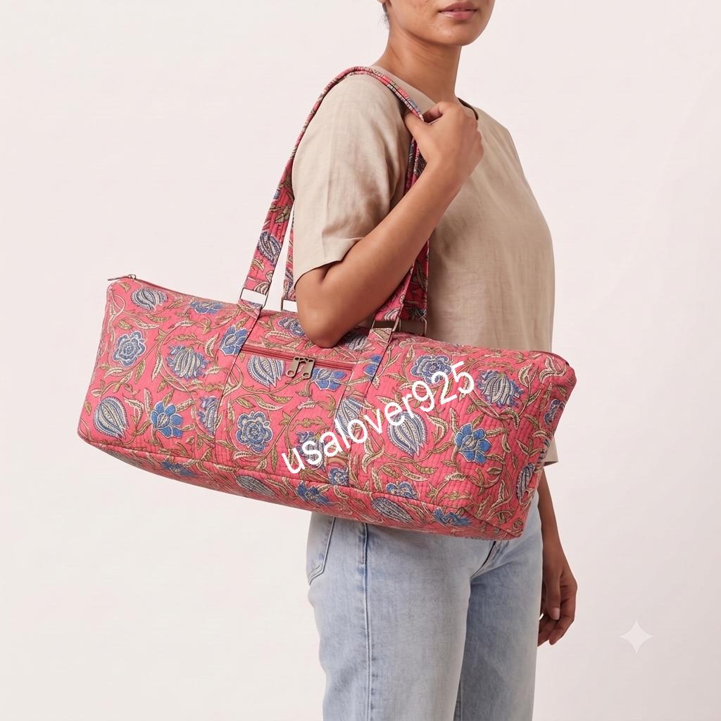Quilted Cotton Duffle Bag, Dusty Pink Blue Floral Block Print Weekender Tote