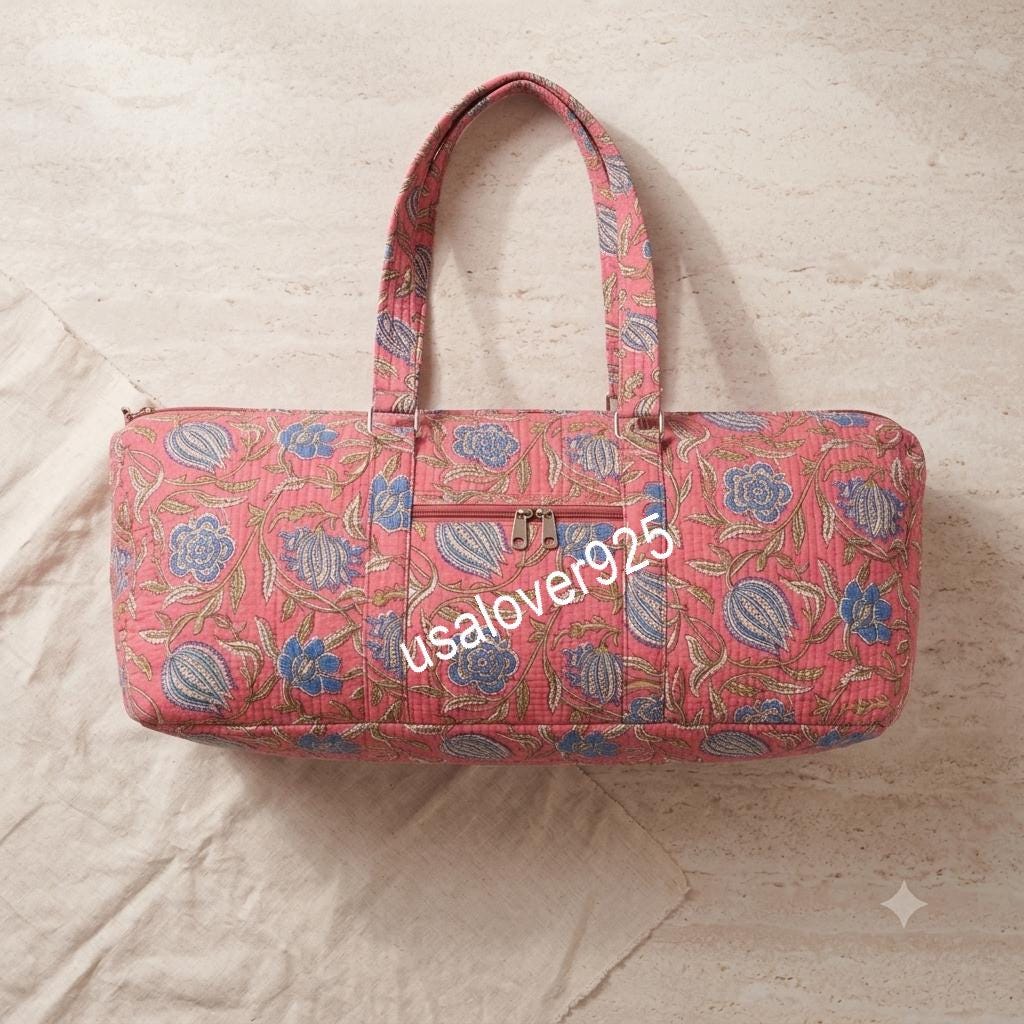 Quilted Cotton Duffle Bag, Dusty Pink Blue Floral Block Print Weekender Tote