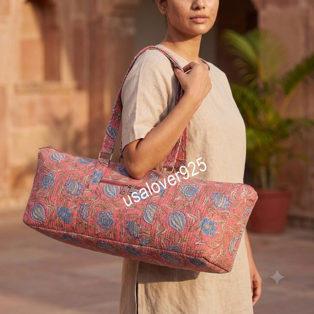 Quilted Cotton Duffle Bag, Dusty Pink Blue Floral Block Print Weekender Tote