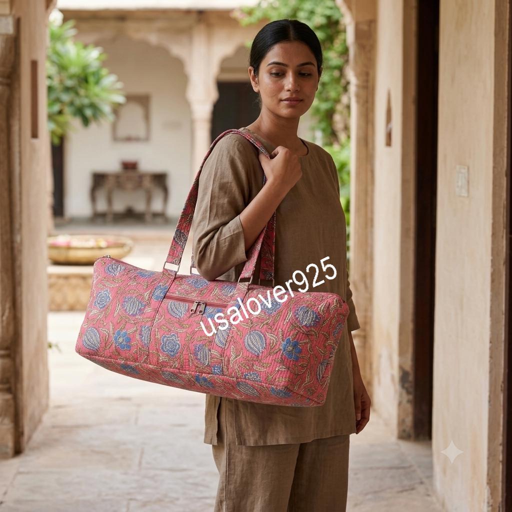 Quilted Cotton Duffle Bag, Dusty Pink Blue Floral Block Print Weekender Tote