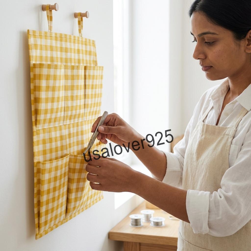 Handmade Cotton Wall Organizer, Yellow Gingham Check 6 Pocket Door Hanger, Craft Storage Holder