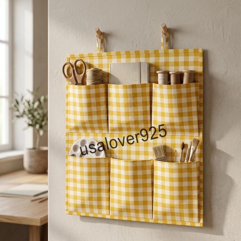 Handmade Cotton Wall Organizer, Yellow Gingham Check 6 Pocket Door Hanger, Craft Storage Holder