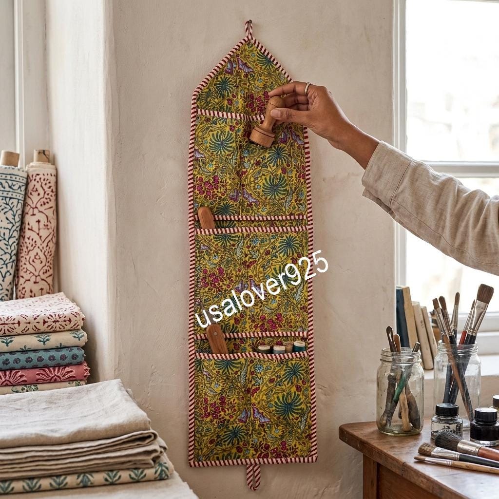 Handmade Quilted Cotton Wall Organizer, Yellow Floral Pocket Hanger, Door Mail Storage Holder