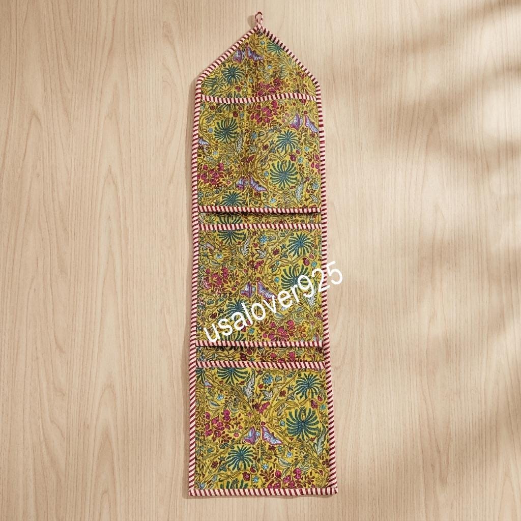 Handmade Quilted Cotton Wall Organizer, Yellow Floral Pocket Hanger, Door Mail Storage Holder