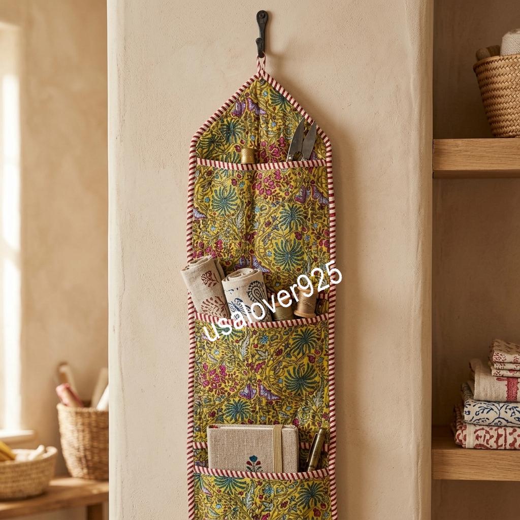 Handmade Quilted Cotton Wall Organizer, Yellow Floral Pocket Hanger, Door Mail Storage Holder