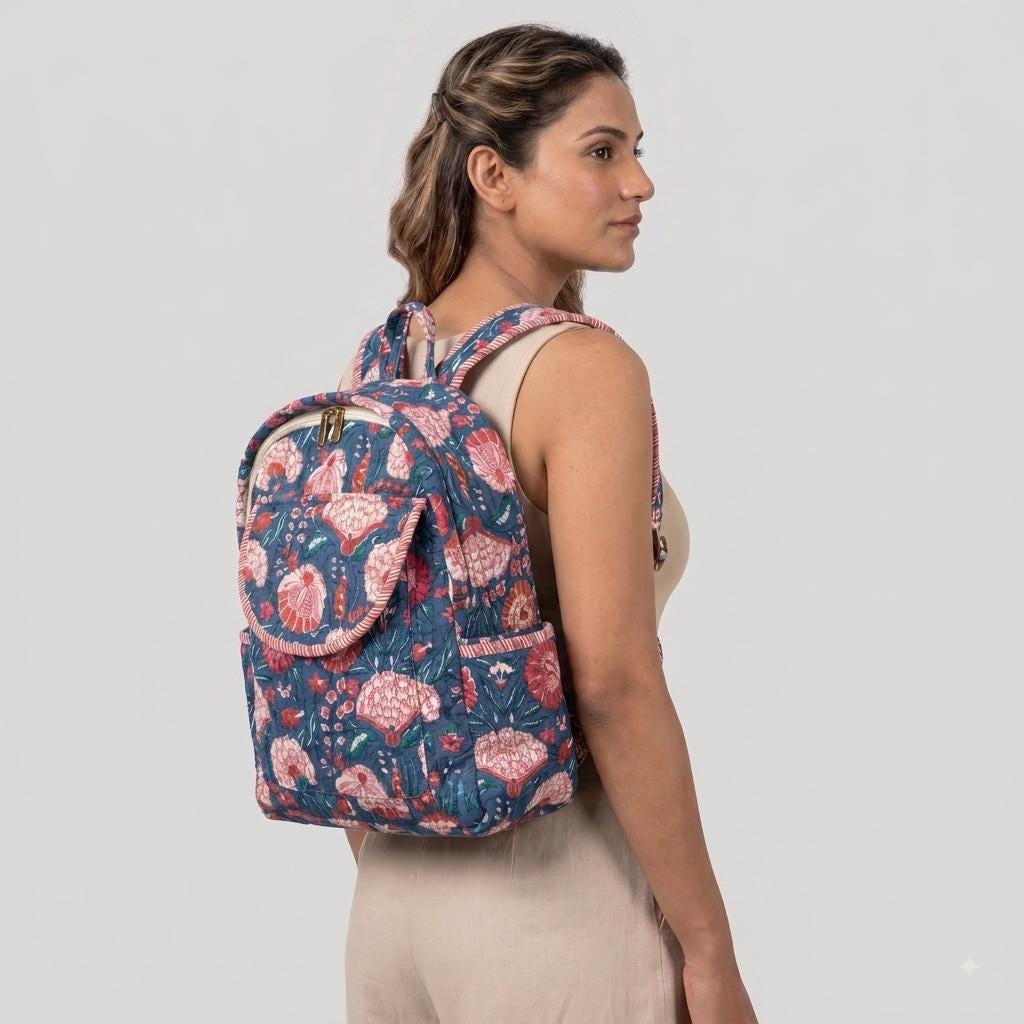 Grey Floral Quilted Cotton Backpack, Boho Handmade Travel Daypack, Minimalist School Bag