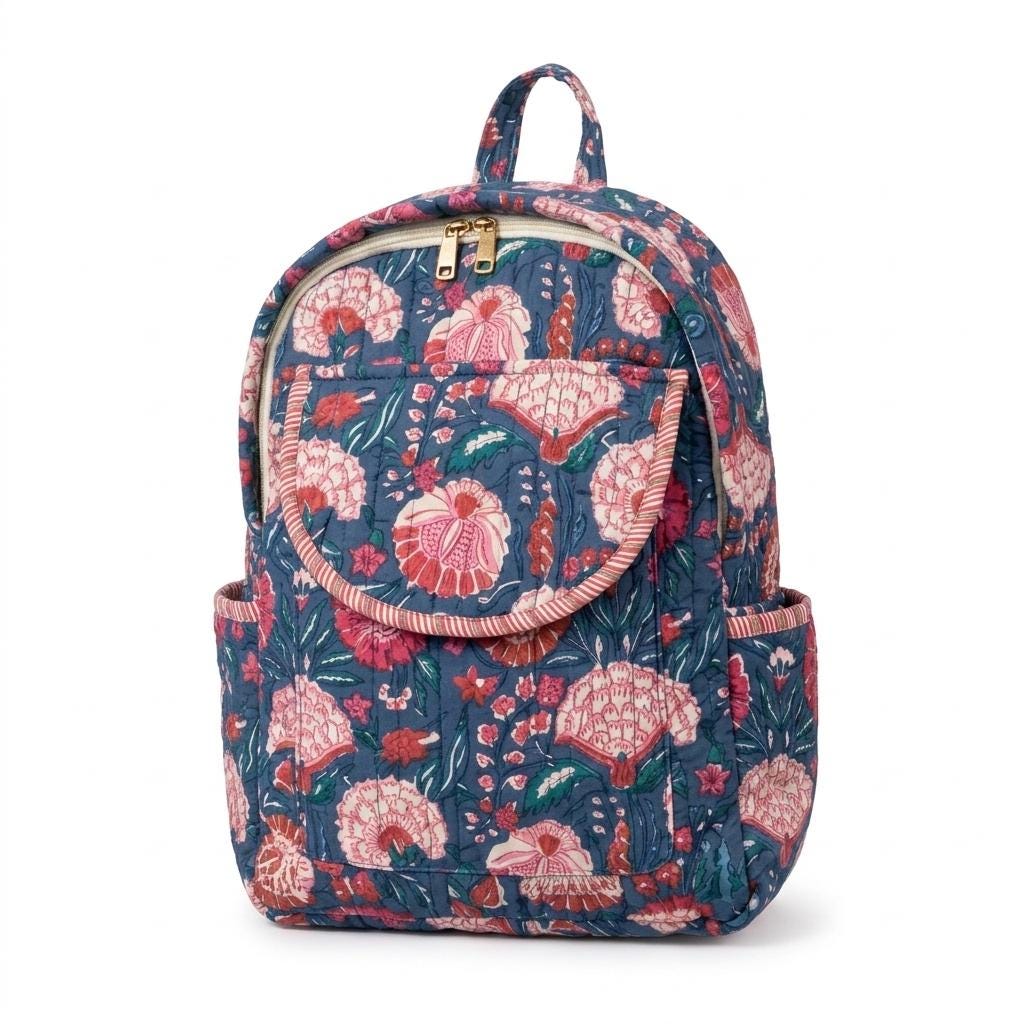 Grey Floral Quilted Cotton Backpack, Boho Handmade Travel Daypack, Minimalist School Bag