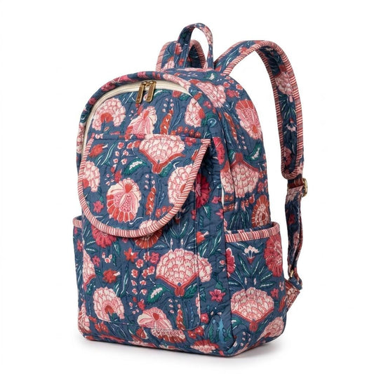 Grey Floral Quilted Cotton Backpack, Boho Handmade Travel Daypack, Minimalist School Bag