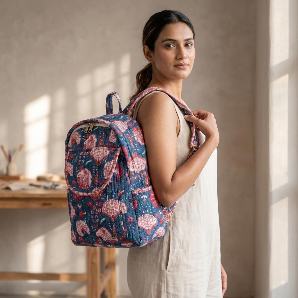 Grey Floral Quilted Cotton Backpack, Boho Handmade Travel Daypack, Minimalist School Bag