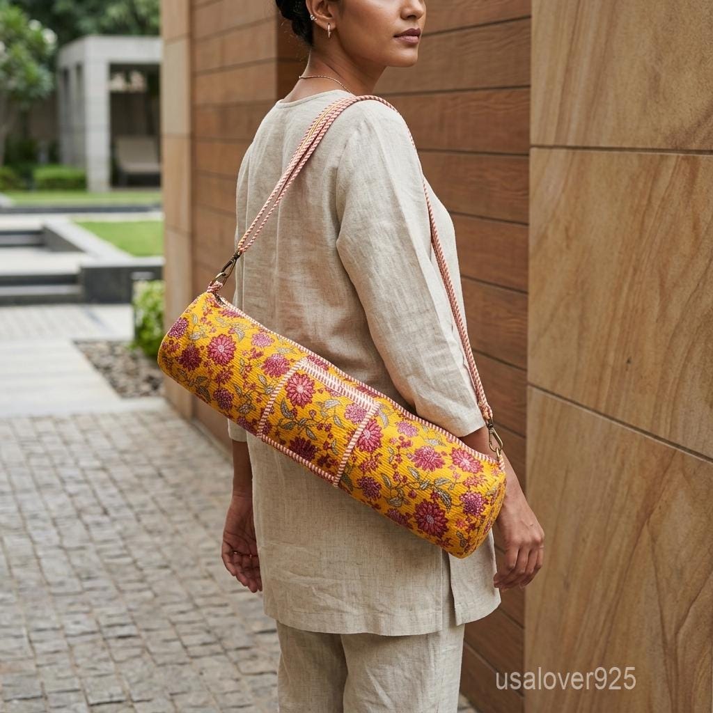 Floral Quilted Yoga Mat Bag Handmade Indian Block Print Boho Crossbody Carrier Gift