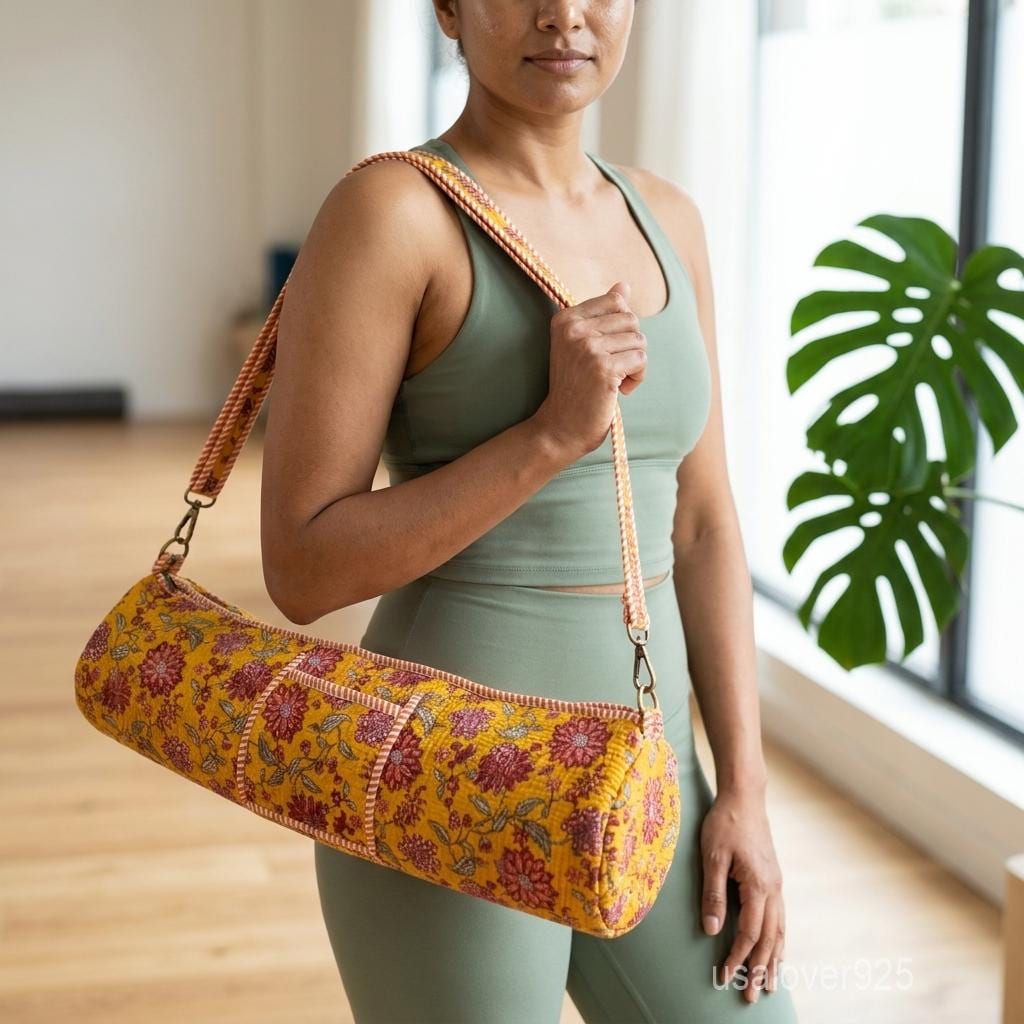 Floral Quilted Yoga Mat Bag Handmade Indian Block Print Boho Crossbody Carrier Gift