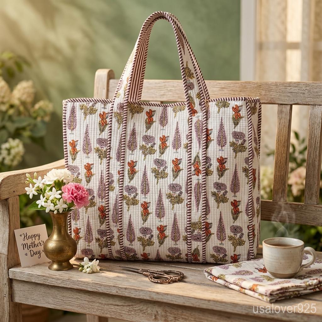 Quilted Cotton Tote Bag Handmade Indian Block Print Floral White Boho Shoulder Purse
