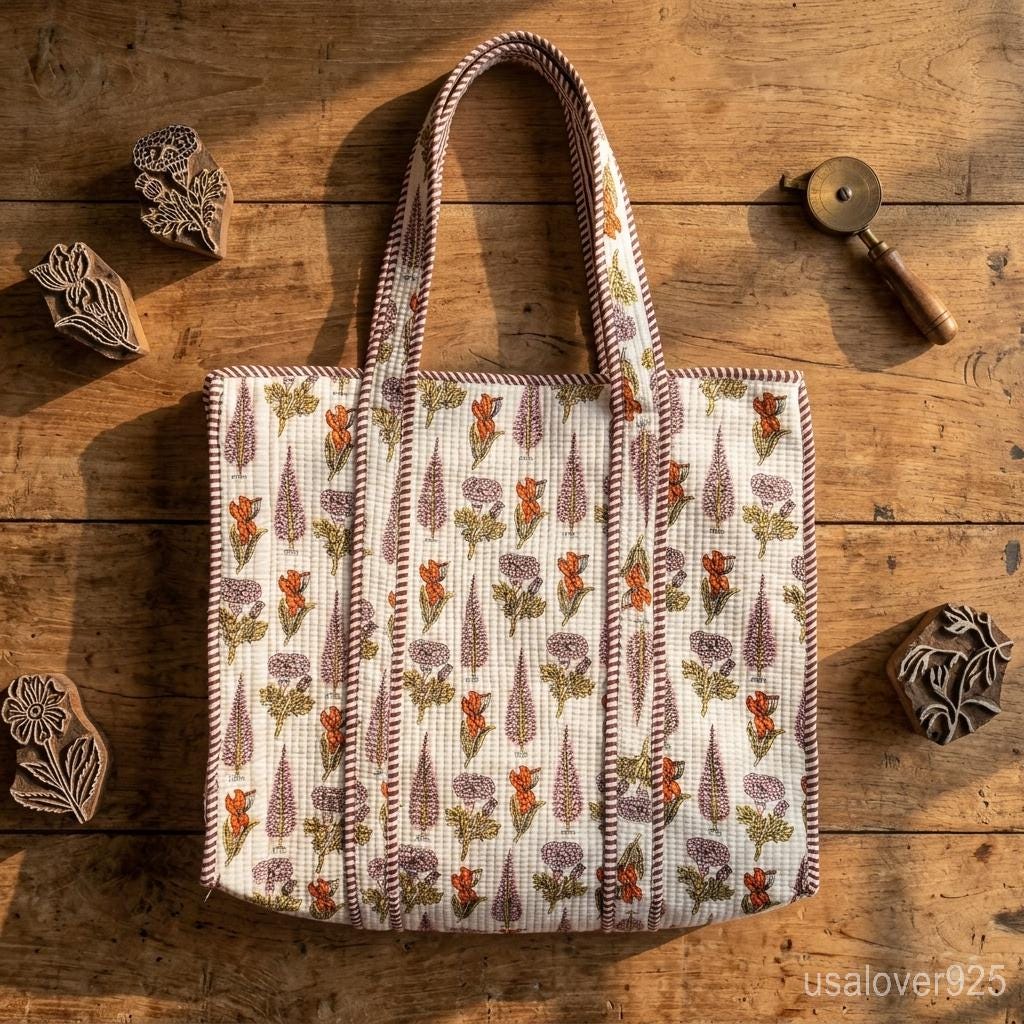 Quilted Cotton Tote Bag Handmade Indian Block Print Floral White Boho Shoulder Purse