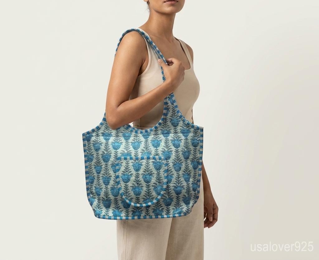Blue Floral Quilted Tote Bag Handmade Indian Block Print Cotton Shoulder Purse Gift