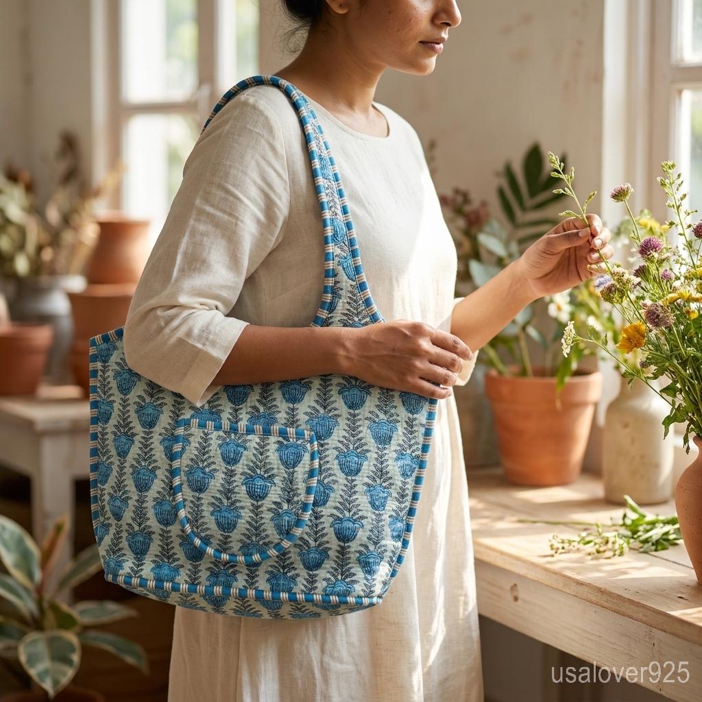 Blue Floral Quilted Tote Bag Handmade Indian Block Print Cotton Shoulder Purse Gift