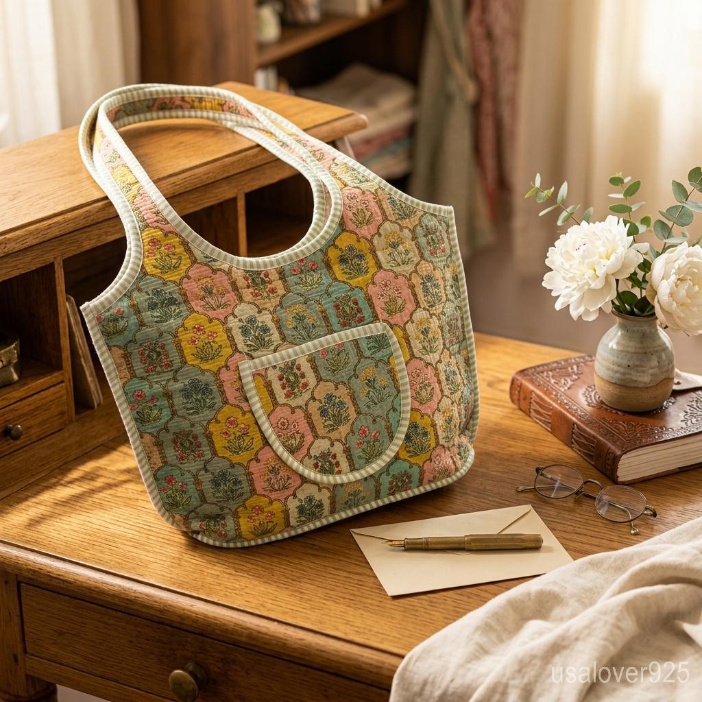 Pastel Floral Quilted Tote Bag Handmade Indian Block Print Boho Shoulder Purse Gift
