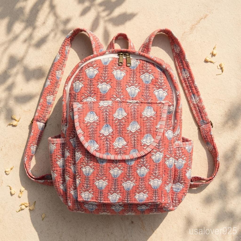Pink Floral Quilted Backpack Handmade Indian Block Print Cotton Boho Travel Bag Gift