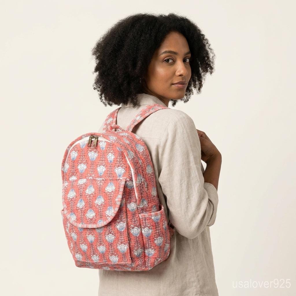 Pink Floral Quilted Backpack Handmade Indian Block Print Cotton Boho Travel Bag Gift