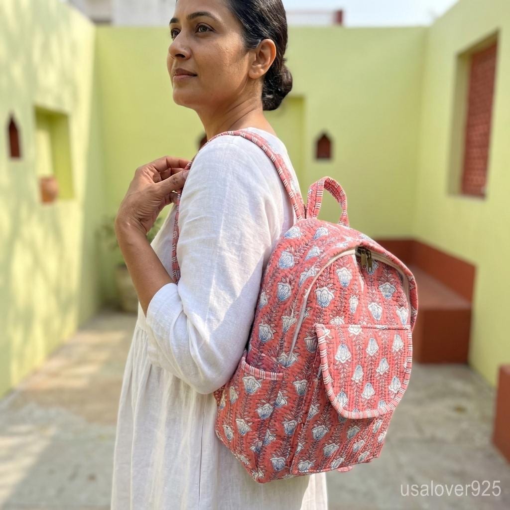 Pink Floral Quilted Backpack Handmade Indian Block Print Cotton Boho Travel Bag Gift