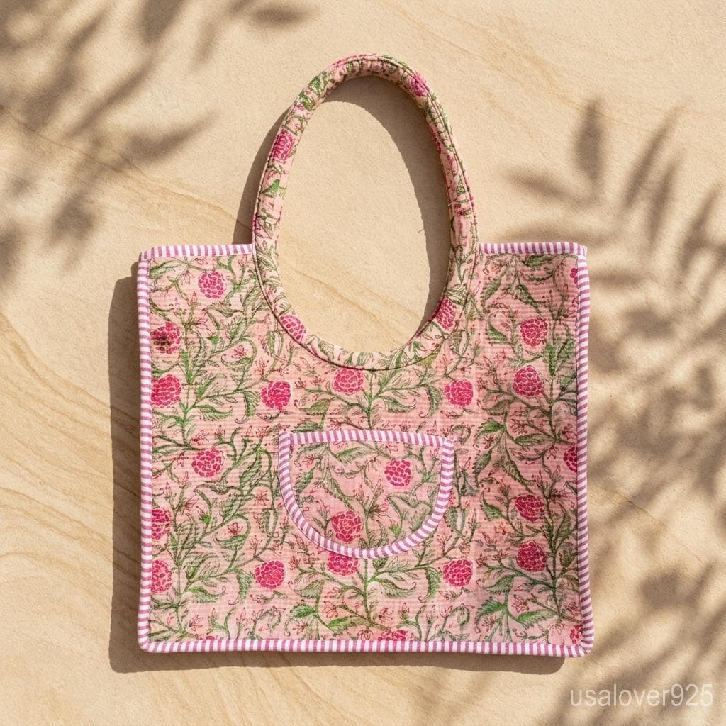 Pink Floral Quilted Cotton Tote Bag Indian Ethnic Travel Shopper Handmade Artisan Gift
