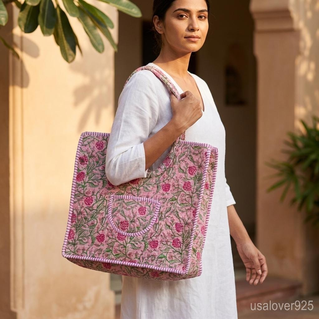 Pink Floral Quilted Cotton Tote Bag Indian Ethnic Travel Shopper Handmade Artisan Gift