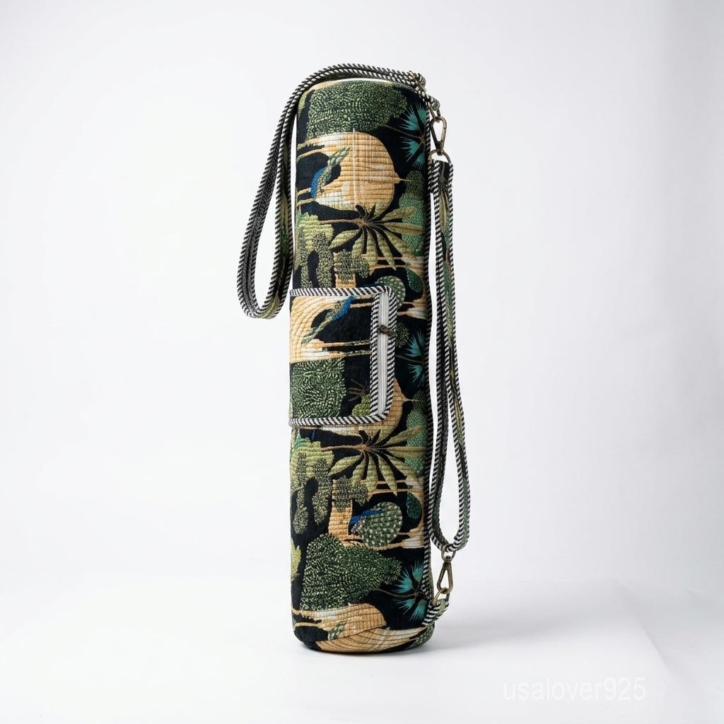 Green Tropical Quilted Yoga Mat Bag Handmade Indian Block Print Boho Crossbody Cylinder