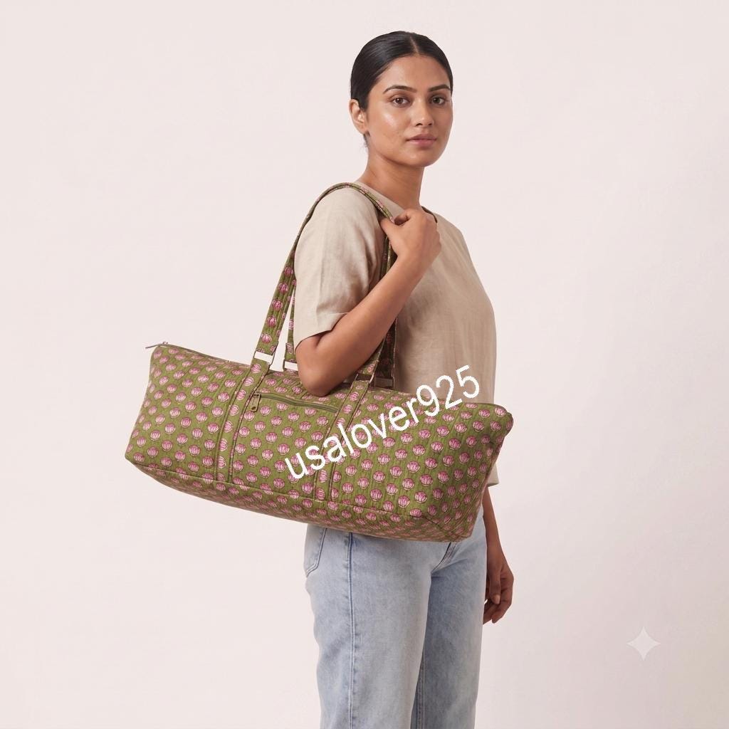 Quilted Cotton Duffle Bag, Olive Green Floral Block Print Weekender Tote