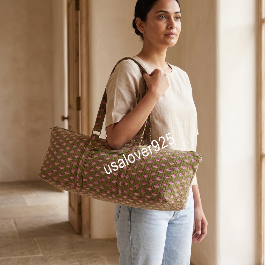 Quilted Cotton Duffle Bag, Olive Green Floral Block Print Weekender Tote