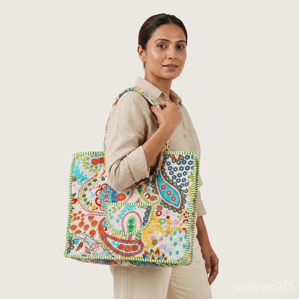 Floral Quilted Cotton Tote Bag, Handmade Indian Block Print Shoulder Shopper, Travel Carryall Gift