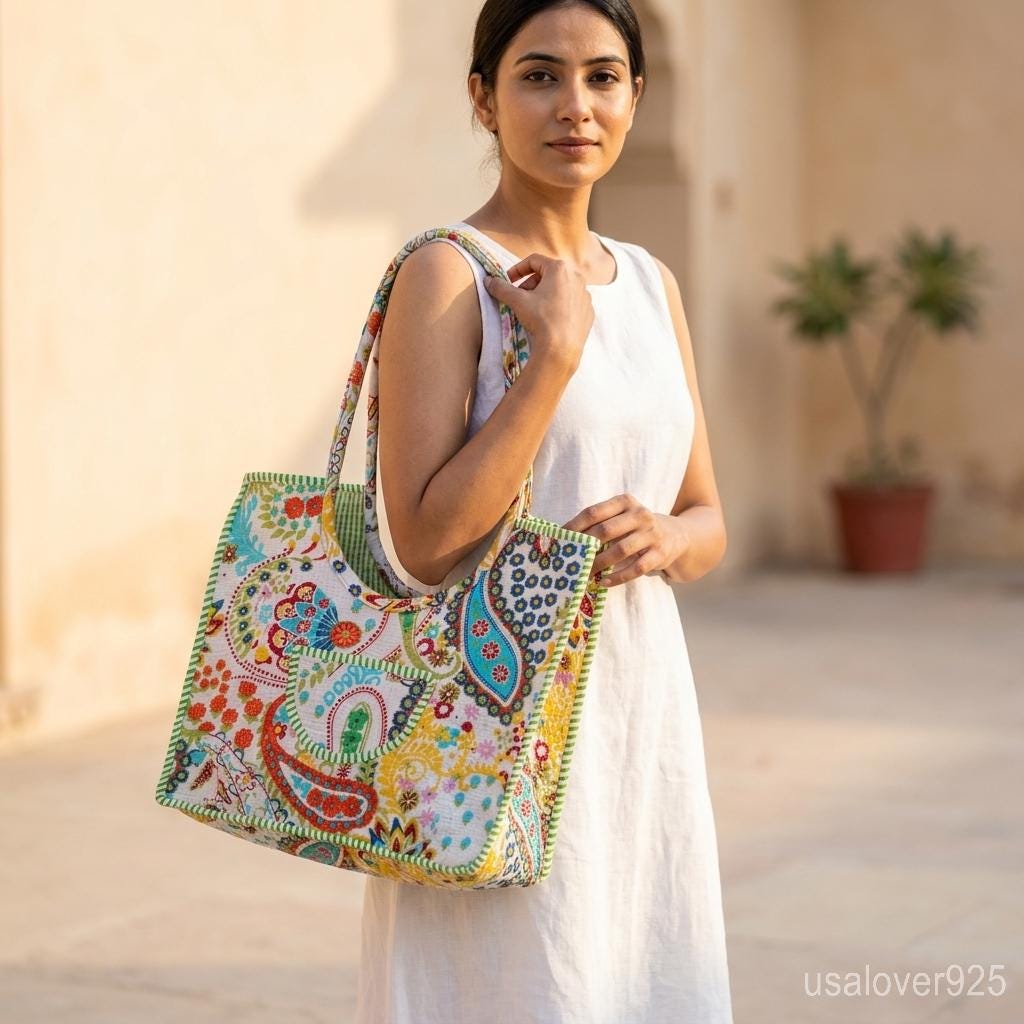 Floral Quilted Cotton Tote Bag, Handmade Indian Block Print Shoulder Shopper, Travel Carryall Gift
