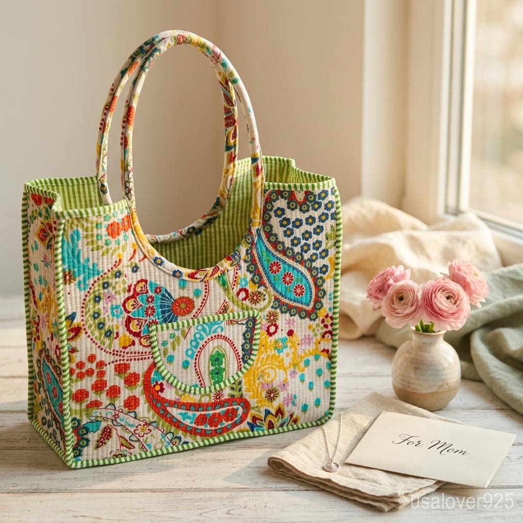 Floral Quilted Cotton Tote Bag, Handmade Indian Block Print Shoulder Shopper, Travel Carryall Gift