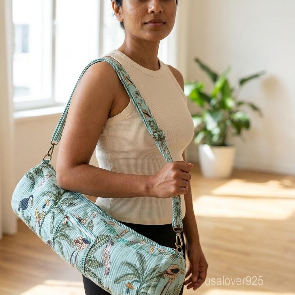 Handblock Printed Cotton Yoga Mat Bag, Mint Green Palm Toucan Carrier, Quilted Crossbody Holder