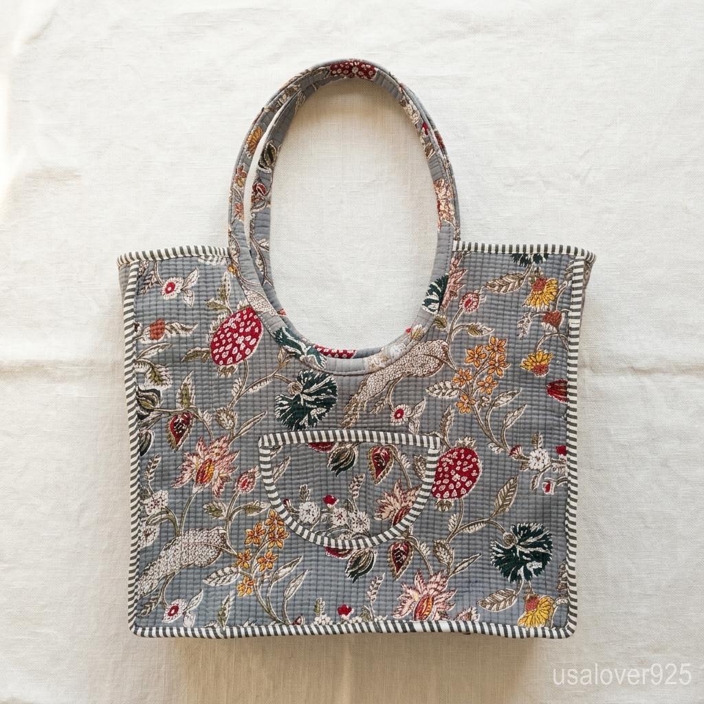 Handmade Quilted Cotton Tote Bag, Grey Floral Block Print Shoulder Bag, Travel Shopping Carryall