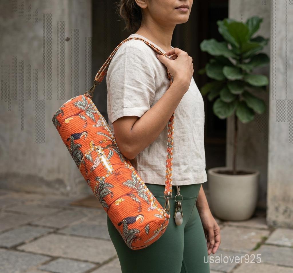 Handmade Quilted Cotton Yoga Mat Bag, Rust Terracotta Tropical Bird Carrier, Crossbody Zipper Holder