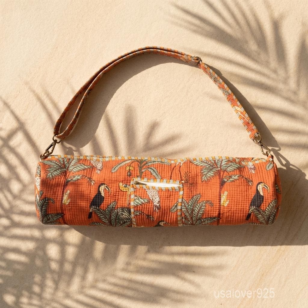Handmade Quilted Cotton Yoga Mat Bag, Rust Terracotta Tropical Bird Carrier, Crossbody Zipper Holder
