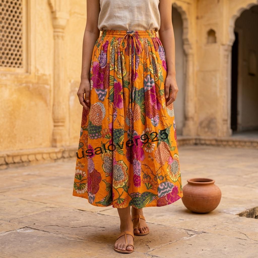 Handmade Cotton Maxi Skirt Orange Floral Block Print Flared Smocked Elastic Waist Boho