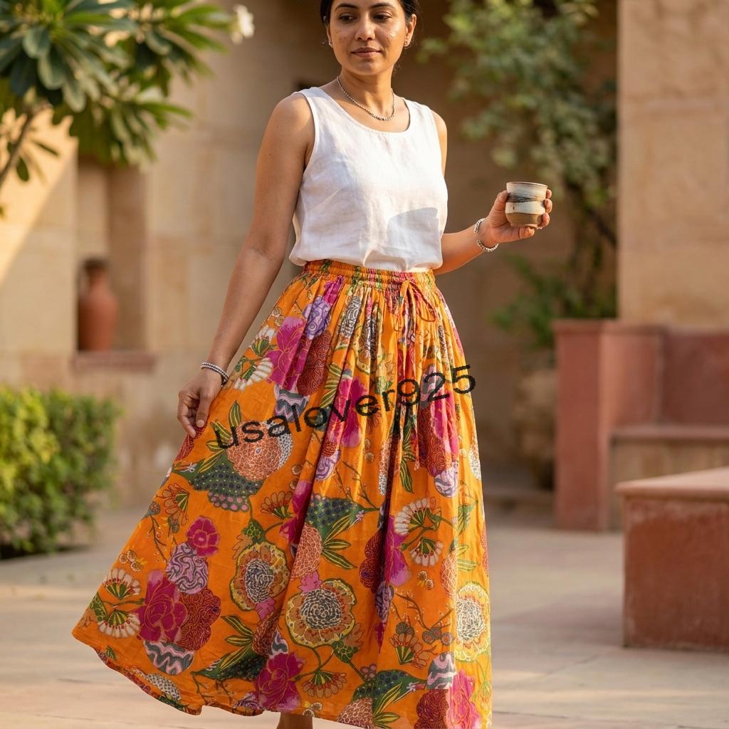 Handmade Cotton Maxi Skirt Orange Floral Block Print Flared Smocked Elastic Waist Boho