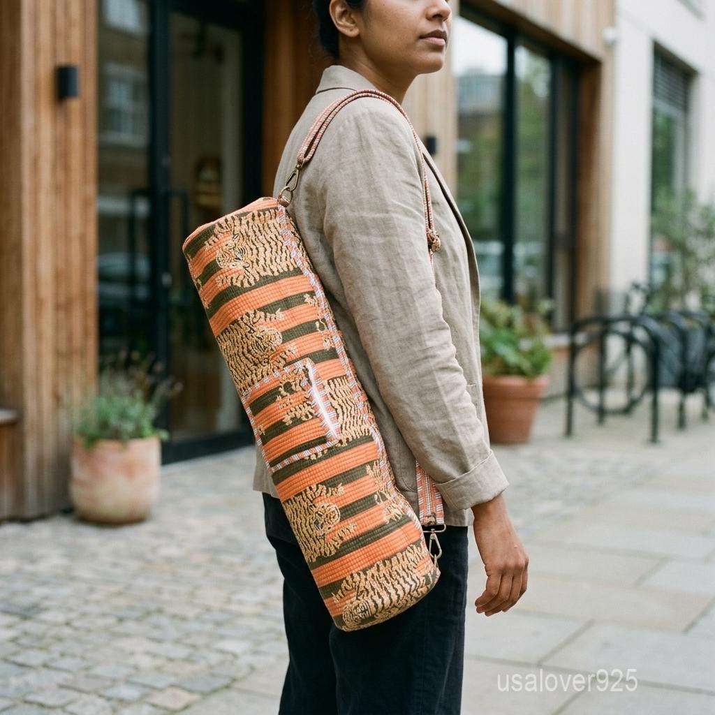 Handblock Printed Cotton Yoga Mat Bag, Orange Tiger Stripe Carrier, Quilted Crossbody Mat Holder