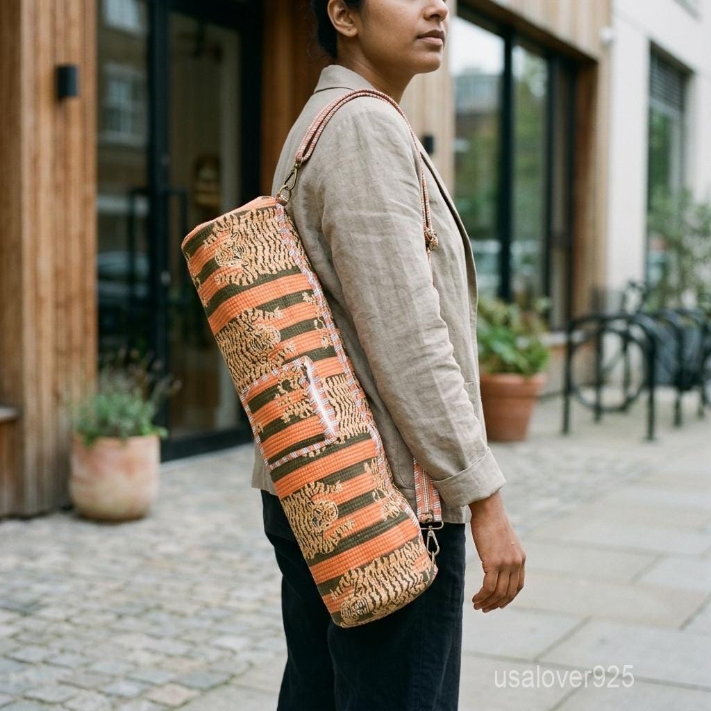 Handblock Printed Cotton Yoga Mat Bag, Orange Tiger Stripe Carrier, Quilted Crossbody Mat Holder