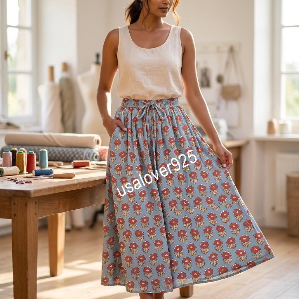 Block Printed Cotton Maxi Skirt, Blue Floral Boho Summer Beach Style