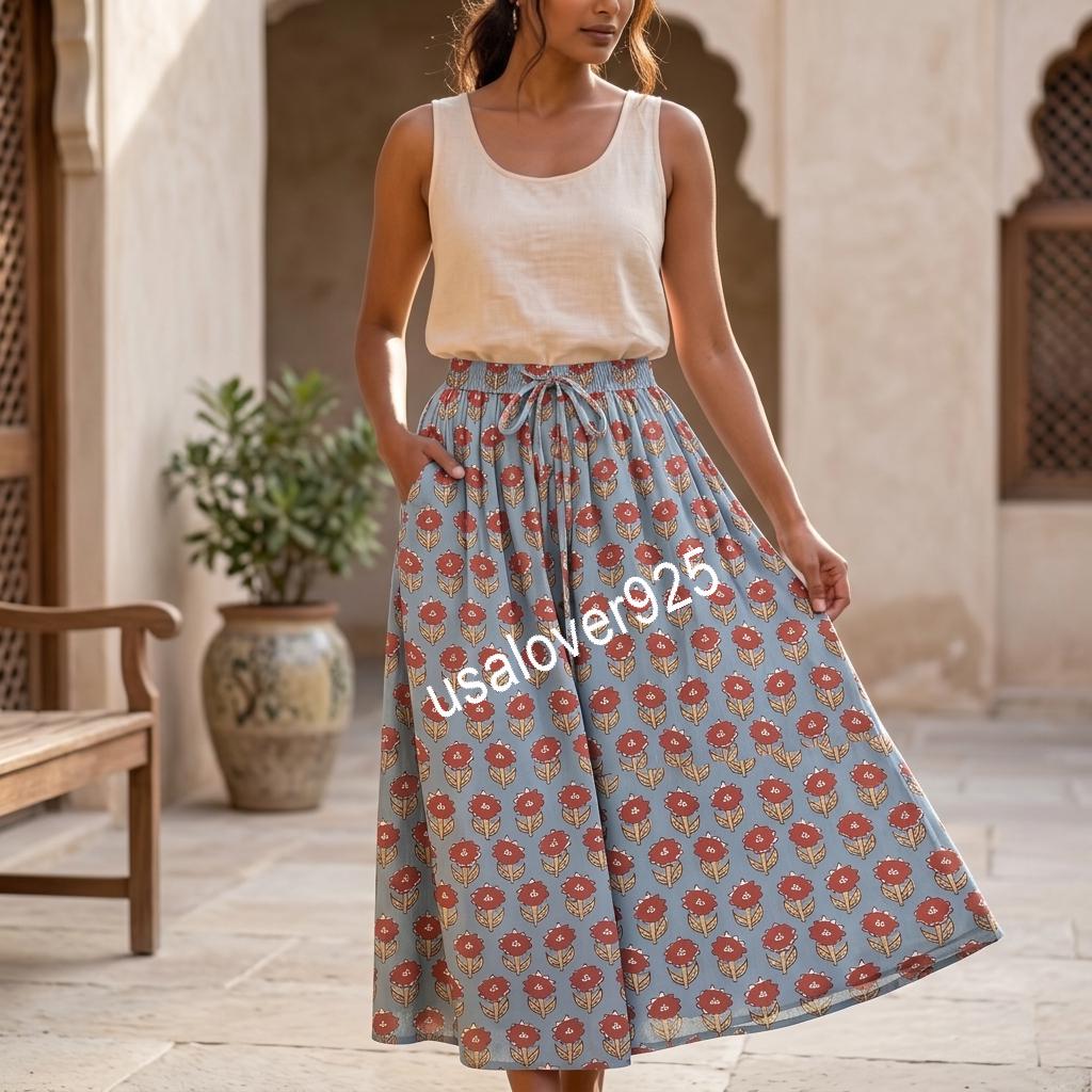 Block Printed Cotton Maxi Skirt, Blue Floral Boho Summer Beach Style