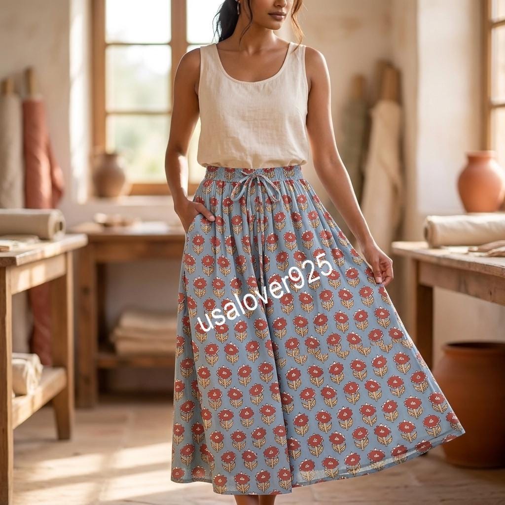 Block Printed Cotton Maxi Skirt, Blue Floral Boho Summer Beach Style