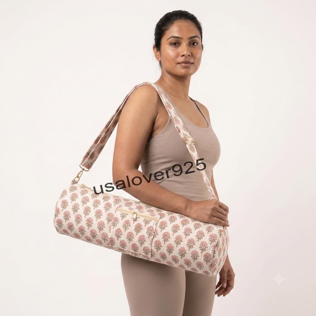 Pink Floral Quilted Yoga Mat Bag Handmade Indian Block Print Cotton Crossbody Duffel