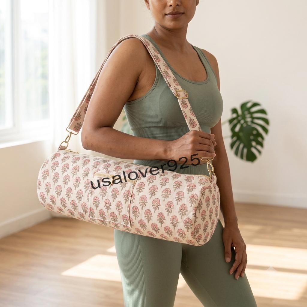 Pink Floral Quilted Yoga Mat Bag Handmade Indian Block Print Cotton Crossbody Duffel