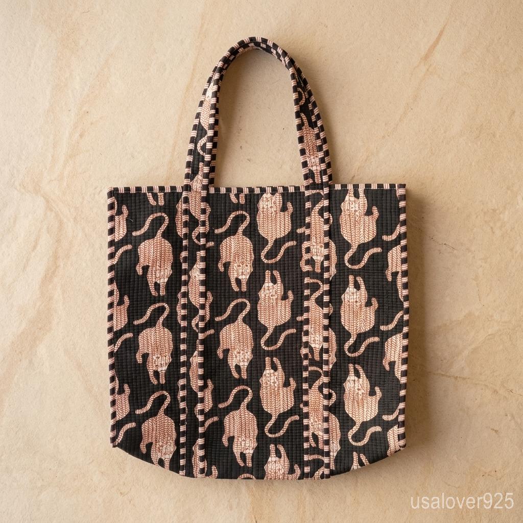 Black Tiger Print Quilted Tote Bag Handmade Indian Cotton Boho Shoulder Bucket Purse