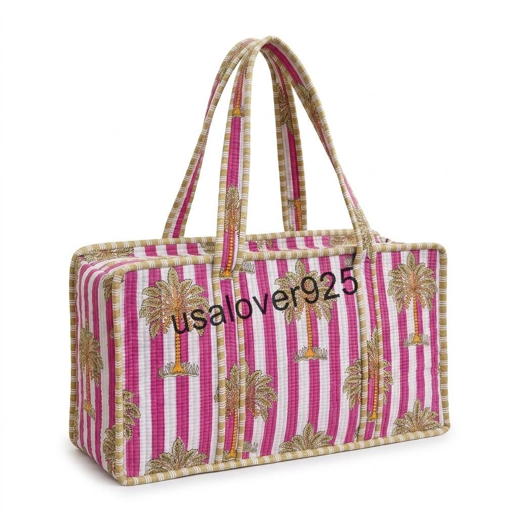 Handmade Quilted Cotton Mahjong Bag – Pink Palm Tree Striped Game Tile Storage Tote