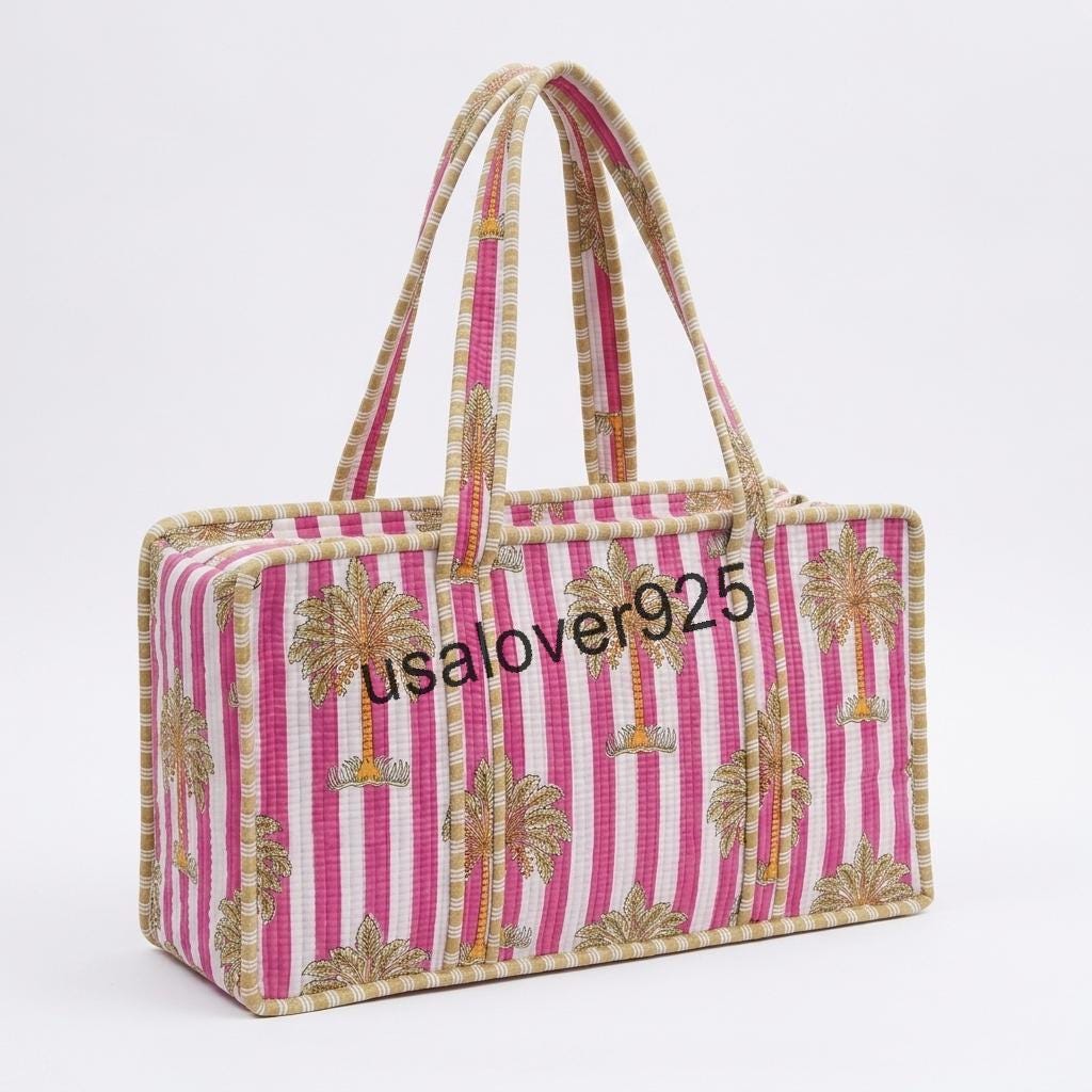 Handmade Quilted Cotton Mahjong Bag – Pink Palm Tree Striped Game Tile Storage Tote