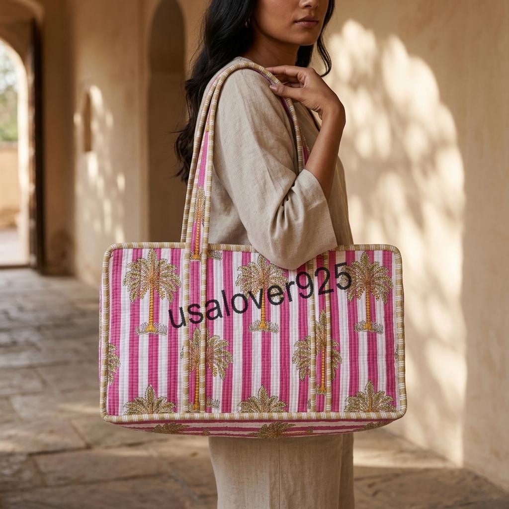 Handmade Quilted Cotton Mahjong Bag – Pink Palm Tree Striped Game Tile Storage Tote
