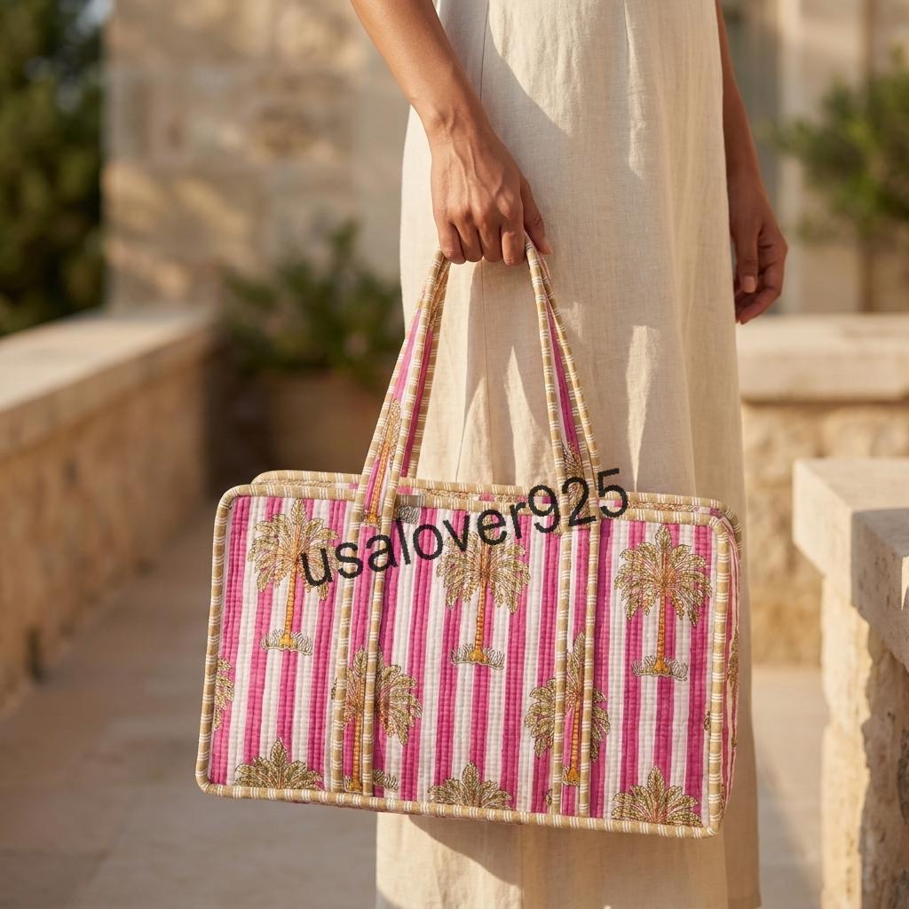 Handmade Quilted Cotton Mahjong Bag – Pink Palm Tree Striped Game Tile Storage Tote