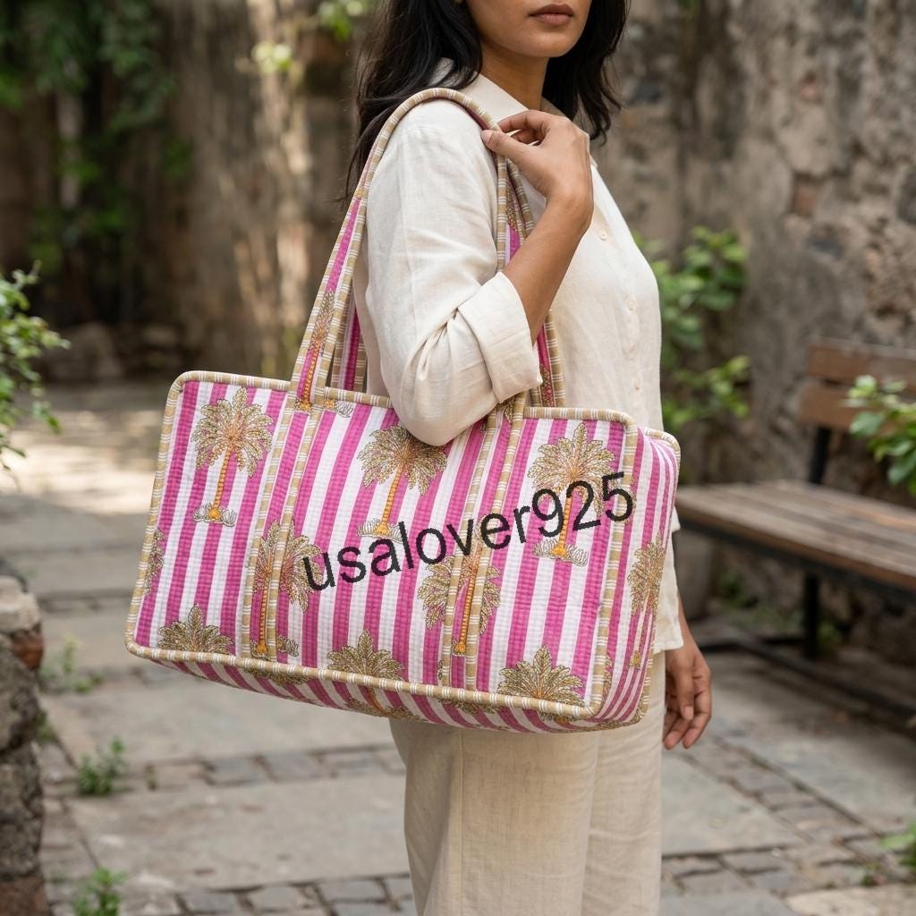 Handmade Quilted Cotton Mahjong Bag – Pink Palm Tree Striped Game Tile Storage Tote
